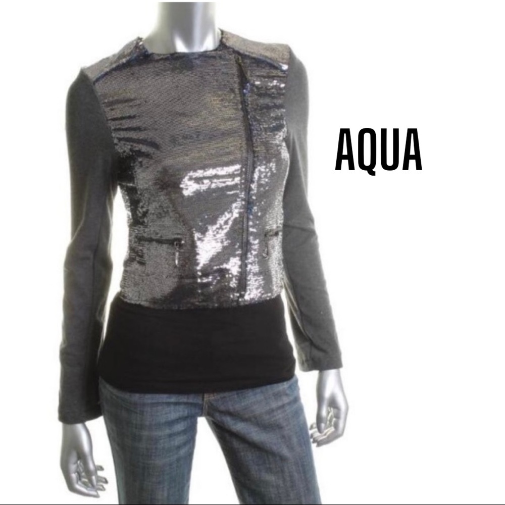 Aqua NEW Silver Grey Crop Sequin Bomber Jacket, L